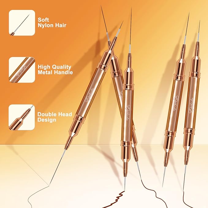 Nail Art Brushes, Double Ended 5PCS Rose Gold Striping Brush Nail Art Liner Brushes Nail Design Brushes for Long Lines, Tiny Details, Nail Brushes for Nail Art, Sizes 5/7/9/10/11/15/20/22/25/30