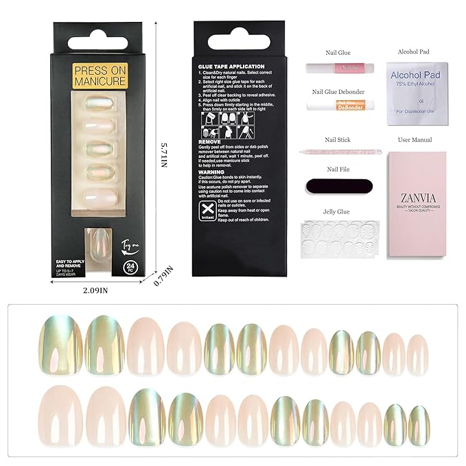 Short Oval Press On Nails - Light Pink Iridescent Cat Eye Nails With Pearlescent Shine,For Women,Teens,And Kids?Ideal For Everyday Wear,School,And Casual Outings, 24 Nails In 12 Sizes