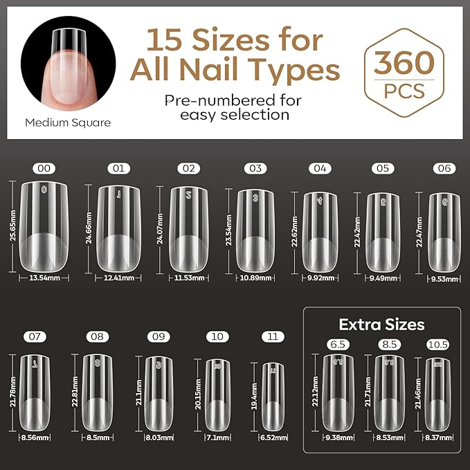 modelones Medium Square Gel Nail Tips, 360pcs Pre-etched Clear Fake Nails Press On Full Cover Half Matte 15 Sizes Acrylic Gel Tips for Extension Salon