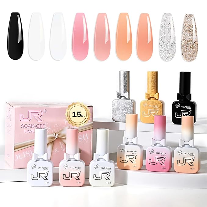 JR 9pcs 15ml Gel Nail Polish Set Black White Pink Series Gel Polish Kit UV LED Soak Off Nail Art Salon at Home DIY Gift A