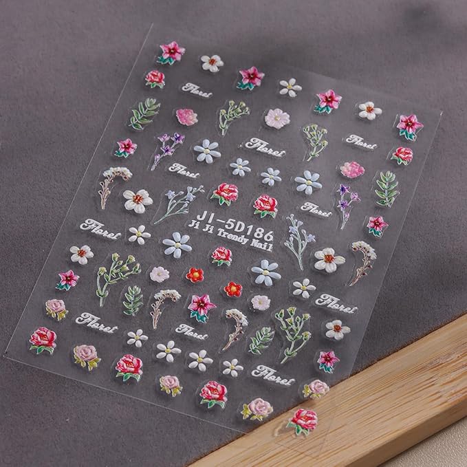 Flower Nail Stickers for Nail Art Flowers Nail Art Stickers Summer Floral Bouquet 5D Embossed Nail Decals Self-Adhesive Nails Supply Manicure Sliders Flower for Nails Decoration 4 Sheets