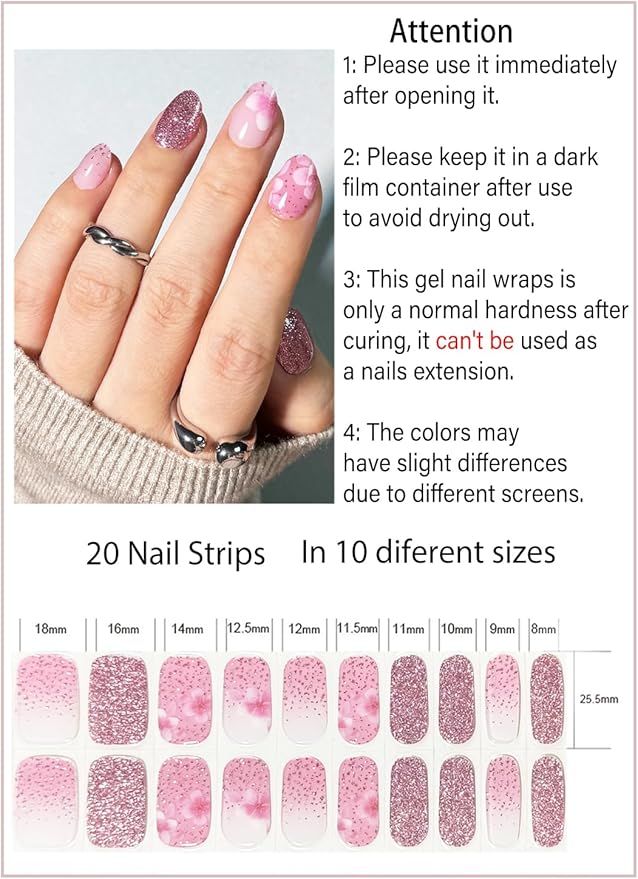 UV Gel Nail Stickers, Spring, Pink Sakura 20pcs Semi Cured Gel Nail Strips, Wraps for Home Manicure DIY