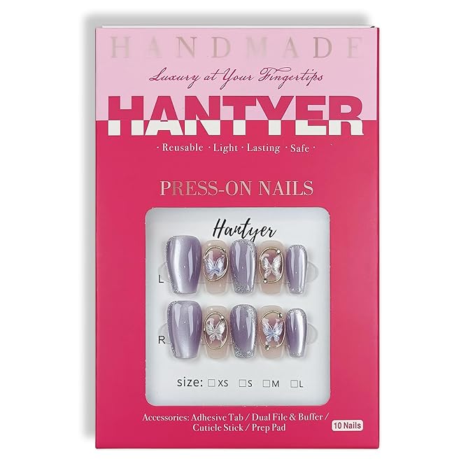 Press on Nails, Medium Coffin Fake Nails, Purple Cat Eye & Hand-Painted Silver Lines, Butterfly Accents & Icy Lavender Glow, Gel Nails Sweet Style for Women Daily Wear & Party Events(Size M)