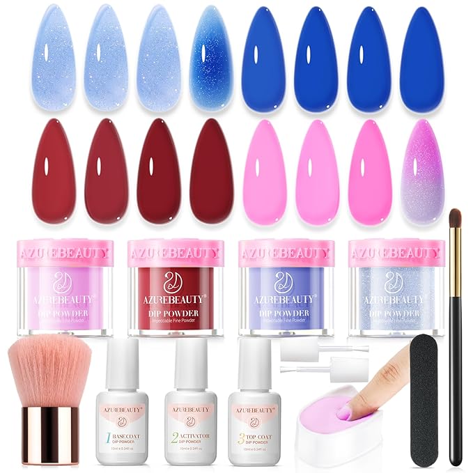 AZUREBEAUTY Dip Powder Nail Kit, Pinkish Blue Ombré 4 Colors Upgraded Brush One-Step Dipping Powder with Base & Top Coat Activator for French Nail Art Manicure Salon DIY at Home