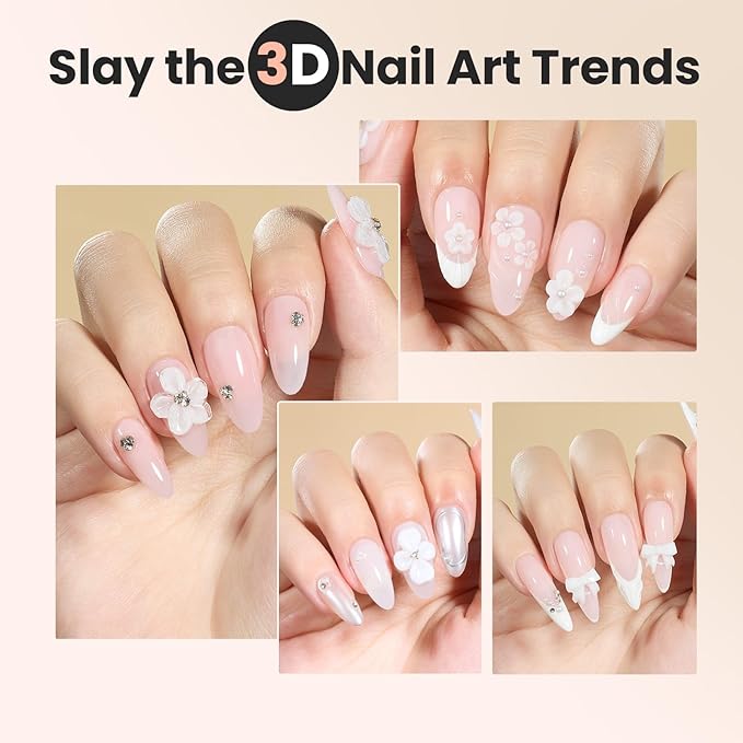 Beetles 3D Gel Nail Art-Snowy Cone 5 in 1 Non-Sticky Hand Extension with Rhinestones & Pearls & Glue Double-Head Pen for Women DIY Salon,White Solid Builder Nail Gel, UV&LED Lamp Cured Needed