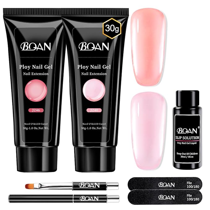 BQAN Poly Nail Gel, 2 Jelly Colors Poly Extension Gel (30ml) with Slip Solution & Brush | Non-Lifting Low Odor | for Nail Builder Pro Salon & Home DIY - Jelly Light Pink, 1 Oz/Pack (Pack of 2)