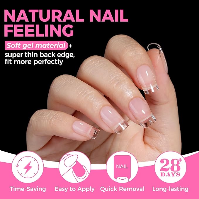 UNA GELLA Short Square Oval Round Nail Tips 216pcs Pre-Etched Short Square Round Oval Press on Nails Squoval Clear Acrylic Fake Full Cover Gel Nails Tips for Nail Extensions Home DIY Salon 12 Sizes