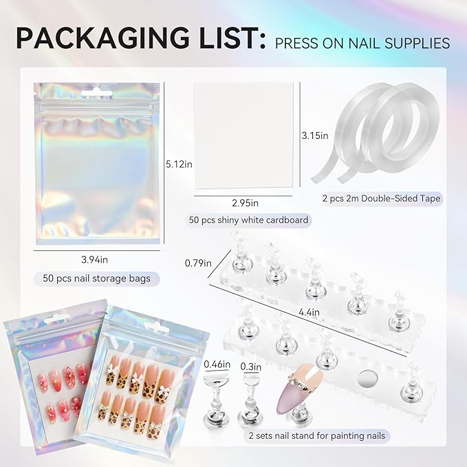 50 PCS Nails Packaging Bags with Nail Stand for Fake Nail, Holographic Press On Nail Storage Container Nail Art Kit for Diy Design,Nail Cardboards with 2 Double-sided Adhesive Tape Salon Home