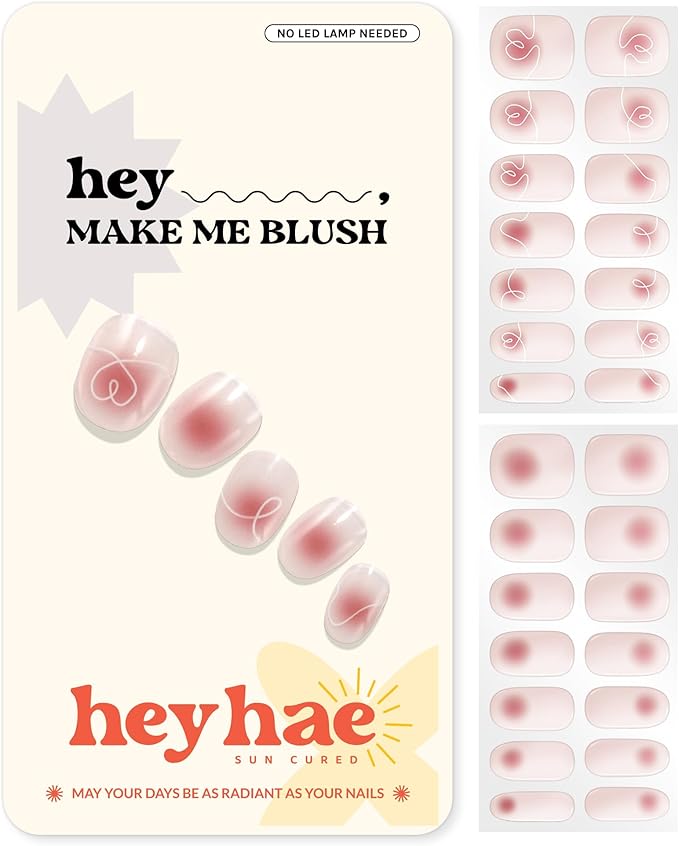 Heyhae Semi Cured Gel Nail Strips | No LED Lamp Needed | Ombre, Pink, Spring | Easy Apply & Remove, Salon Quality | Includes 28 Strips, 1 Prep Pads, Nail File & Wooden Stick - Hey, Make Me Blush