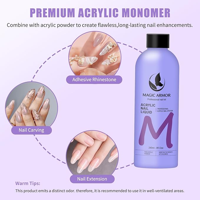8FL.OZ EMA Monomer Acrylic Nail Liquid with 3 Acrylic Brushes (8/10/14) for Nail Extensions & Carving, MMA-Free, Non-Yellowing, Ideal for DIY & Professional Salon Use