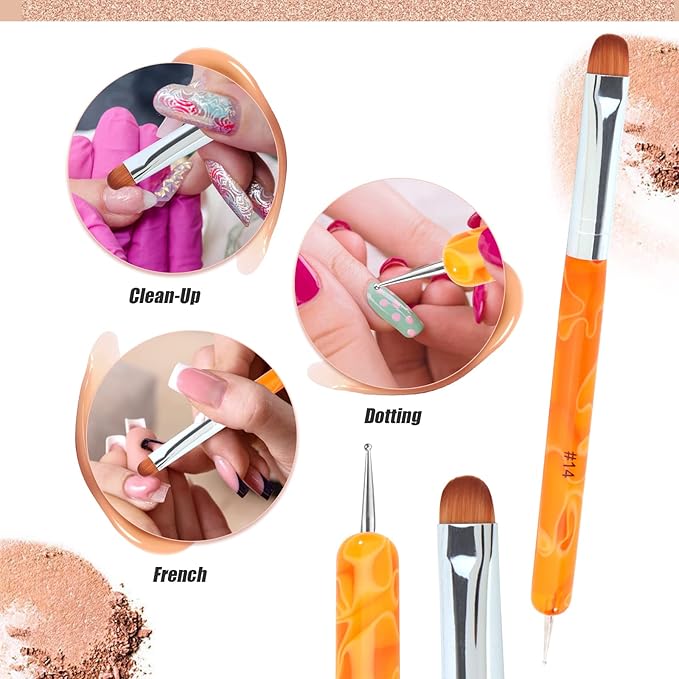 French Manicure Brush -Two Way Nail Art Brush with Dotting Manicure Tool for Manicure Cuticle Clean Up Nail Art Design- Professional Nail Salon Quality Brush, Nail Dotting Pen (14#, Orange)