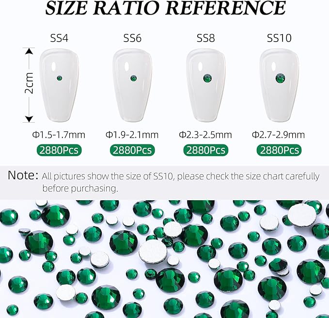 Green Flatback Rhinestones, Glass Rhinestones for Nail Art and Craft, Glue Fix, Loose Crystal Gemstones(Green, SS8, 2880pcs, 2.3-2.5mm)