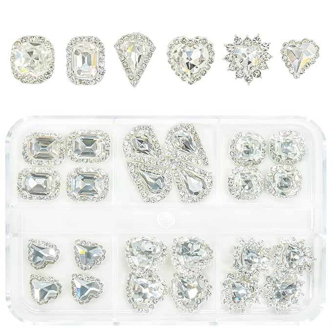 24Pcs 3D Alloy Silver Clear Nail Art Rhinestones Luxury Charms for Nails- 3D Alloy Heart Nail Charms, Elegant Silver Nail Crystal Diamonds Stones Studs for Acrylic Nails DIY Crafts Jewelry