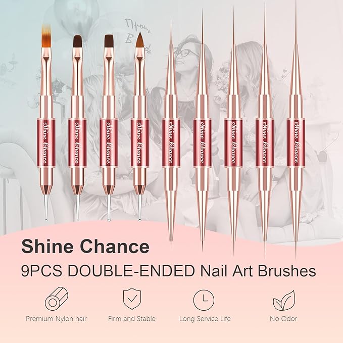 9Pcs Nail Art Brushes Set, Professional Double-Ended Acrylic Liner Detail Brushes for Gel Polish Art Nail, 3D Art Nail Dotting Brush Pen for Manicure DIY Home Salon, Red