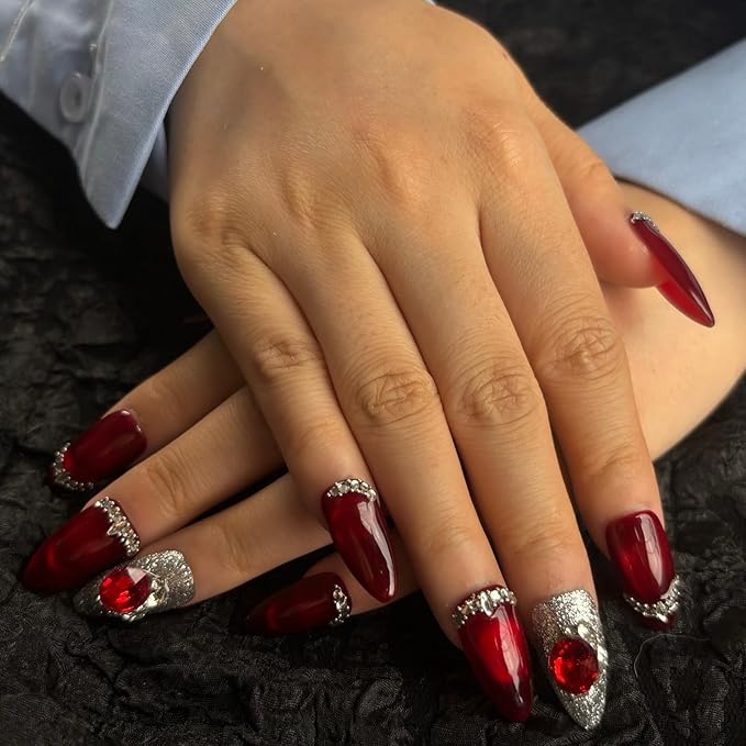 Handmade Press On Nails Medium Almond Shape,10Pcs Red Rhine stone Acrylic Fake Nails,Glue On Nail with 3D Charms for Woman Daily Wear&Wedding（Design Concept:Forever Love）