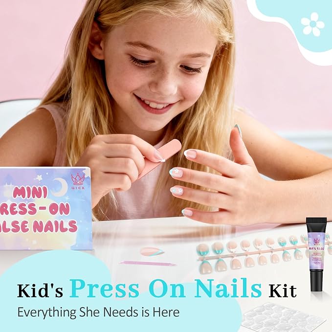 16 Sizes 128 Pieces Press on Nails for Kids, 4 pack Kids Nail Kit Colorful Flower Almond Fake Nail Tips for Girls 8-12 Years Old with Jelly Nail Adhesives & Nail Glue Birthday Easter Gift 2026