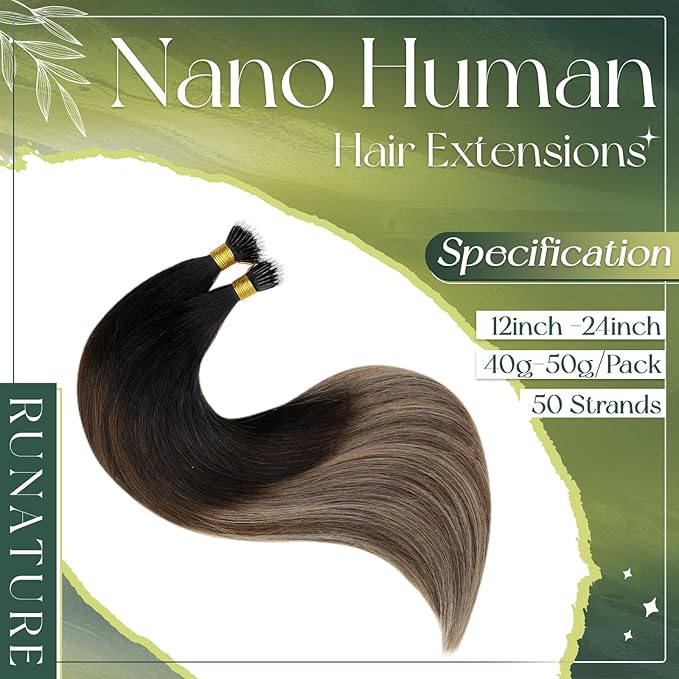 RUNATURE Nano Beads Hair Extensions Human Hair Black Ombre Brown to Blonde Nano Ring Extensions 12 Inch 40 Gram
