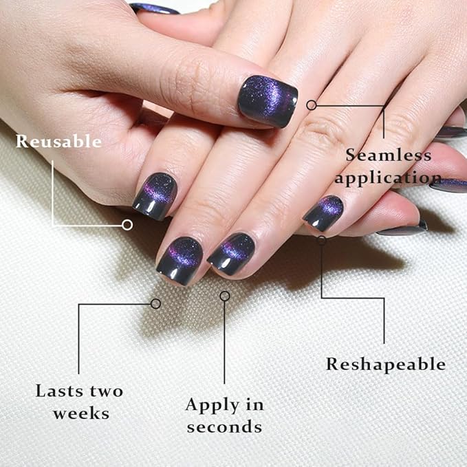 evpct Dark Blue Cat Eye Extra Short Press on Nails Square, Petite Short Square Stick on Nails for Women Gift, Smile Purple Metallic Glitter Glossy Reusable Gel Press on Acrylic Fake Nail with Designs