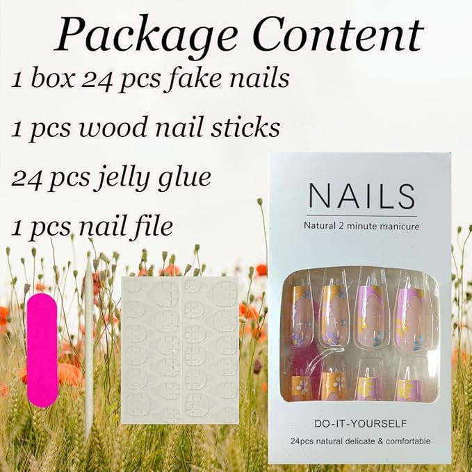 24Pcs Colorful French Tip Press on Nails Long Square Fake Nails Color Summer Daisy Full Cover Design Glue On Nails Coffin Shape False Nails Flowers Acrylic Press Ons for Women Manicure Art