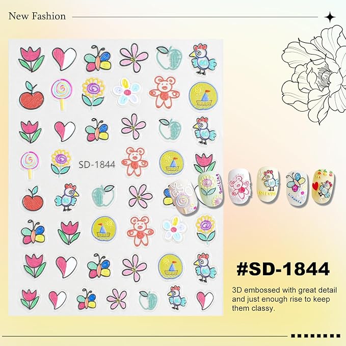 12 Sheets Cute Nail Stickers for Nail Art Stickers Cartoon Decals 3D Self-Adhesive Pegatinas Uñas Colored Letters Rainbow Flower Strawberry Nails Art Design for Women Manicure Decoration YX1231