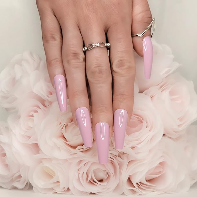 Hypnaughty 24 Pcs Blush Pink Glossy Extra Long Press On Nails and Glue XL Reusable Solid Color False Nails (Blush)
