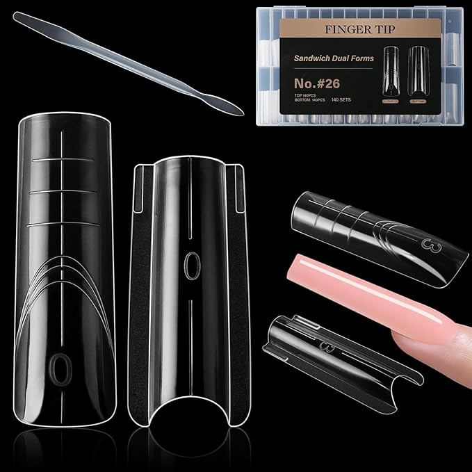 Sandwich Nails Dual Forms,280Pcs Long Square Reusable Nail Extension Forms with Silicone Polygel Stick,Easy Demolding & Intuitive Operation for DIY & Professional Use