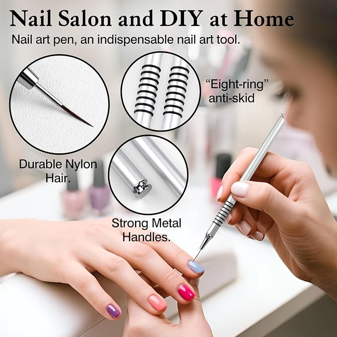 8pcs Metallic Nail Art Liner Brush Set – Fine Detail & Long Line UV Gel Painting Pens (Silver Non-Slip Handles)