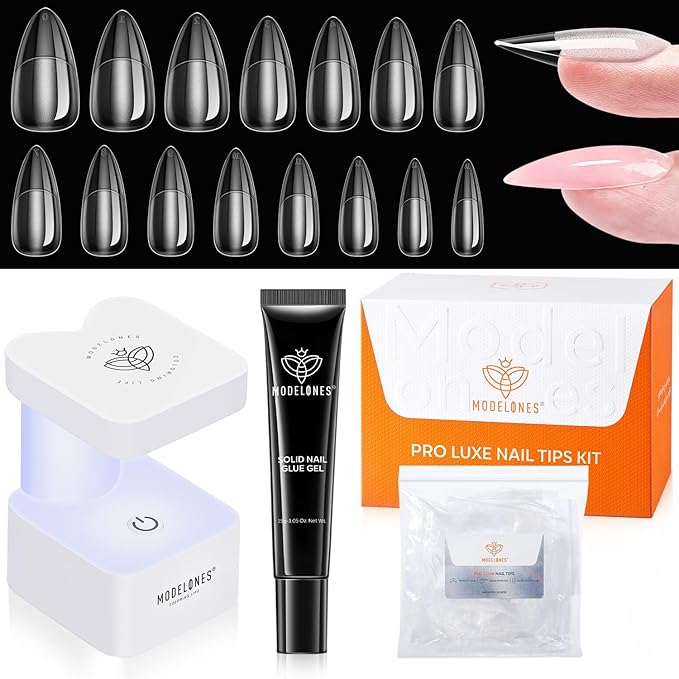 modelones X Nail Gel Kit Almond, 15Sizes Instant Apex False Nail Tips Solid Glue & Mini U/V Lamp, 240Pcs Medium Almond Pre-Building Thick Acrylic Press on Tips LED Light Extension Kit Women Gift