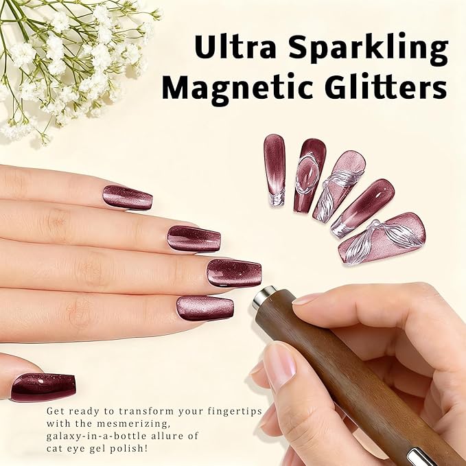 Gel Nail Polish Set, Cat Eye Gel Polish Kit, Scarlet Burgundy Carmine Dark Red Purple Holographic Reflective Magnetic Shimmer Gel, Manicure Salon DIY Gifts, Soak Off, UV/LED Cured (9 Colors A)