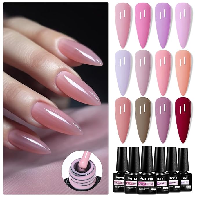 MTSSII Rubber Gel Base Coat for Nails, 12 Pcs Nude Pink Rubber Base Gel Polish Neutral Skin Tones Violet Pastel Pink Lavender Long Lasting Protect Soak Off U V LED Builder Gel for Thin Weak Nails