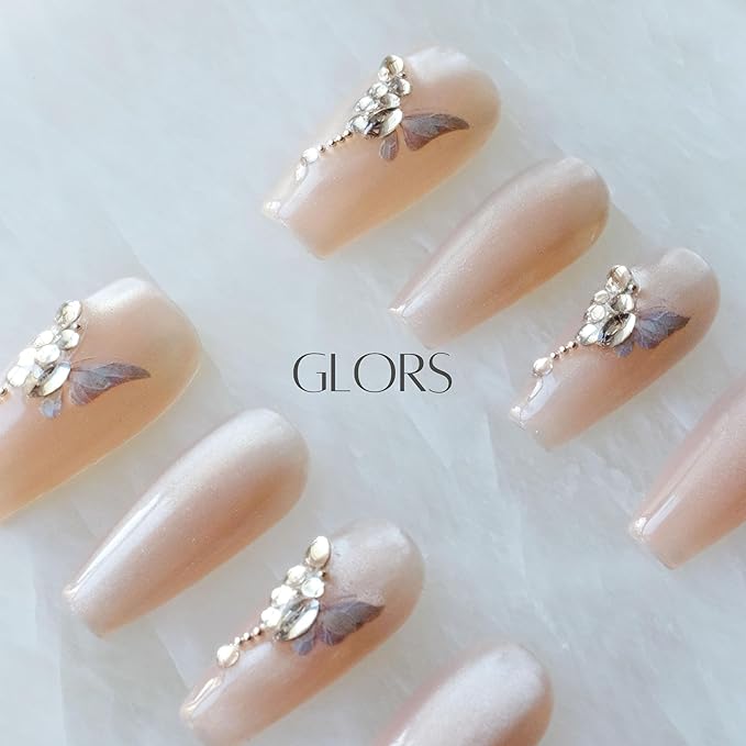 Press On Nails, Long Ballerina Coffin Shape, Nude Pink with Butterfly Rhinestone Design, Handmade False Nail 10 Pieces (Large,LB)