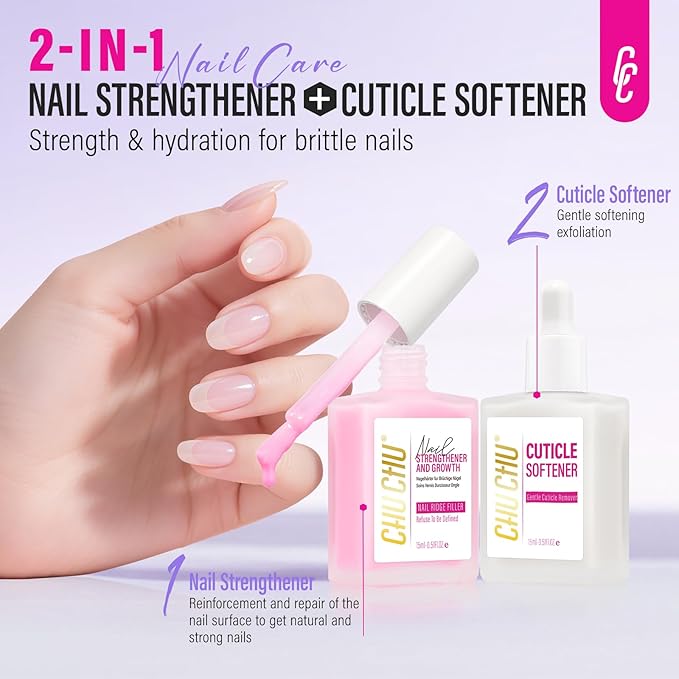 CHUCHU Nail Strengthener and Cuticle Remover Kit: 2pcs 15ml Protein Milky Pink Quick Dry Nail Repair Polish and Cuticle Softener for Peeling Gel-Damaged Nails