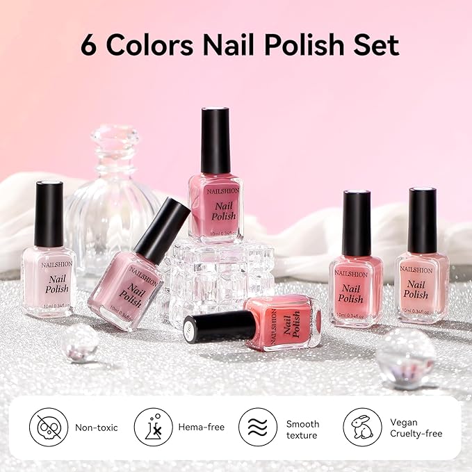 6 Colors Nail Polish Set, Neutral Nude Beige Dusty Pink Fingernail Polishes All Seasons, Opaque, Rapid Dry Natural Nail Art Manicure Salon DIY at Home for Women