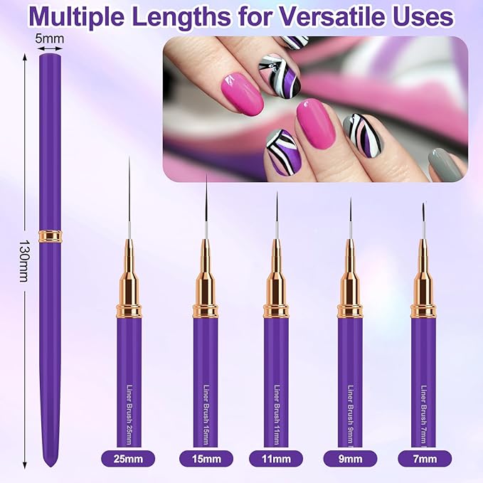 Nail Art Liner Brushes, 5Pcs Liner Brush For Nails, Painting Nail Art Brush Set Dotting Drawing Tool for Long Lines, Thin Details, UV Gel Polish Painting, Fine Drawing 7/9/11/15/25mm(Purple)