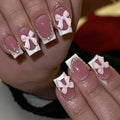 White French tips Press on Nails Short Square Fake Nails with 3D Bow Charms Design Pearl Glue on Nails Glossy False Nail tips Reusable Spring Nails for Women Girls Manicure 24pcs