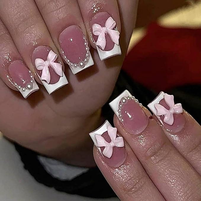White French tips Press on Nails Short Square Fake Nails with 3D Bow Charms Design Pearl Glue on Nails Glossy False Nail tips Reusable Spring Nails for Women Girls Manicure 24pcs