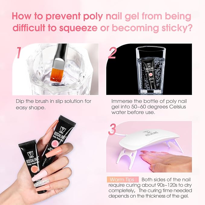 ROSALIND Poly Nail Gel Kit -34 Colors + White Brown Accessories Clear Nude Poly Nails Gel Starter Kit with Mini UV Lamp Slip Solution Nude Pink Extensions Set