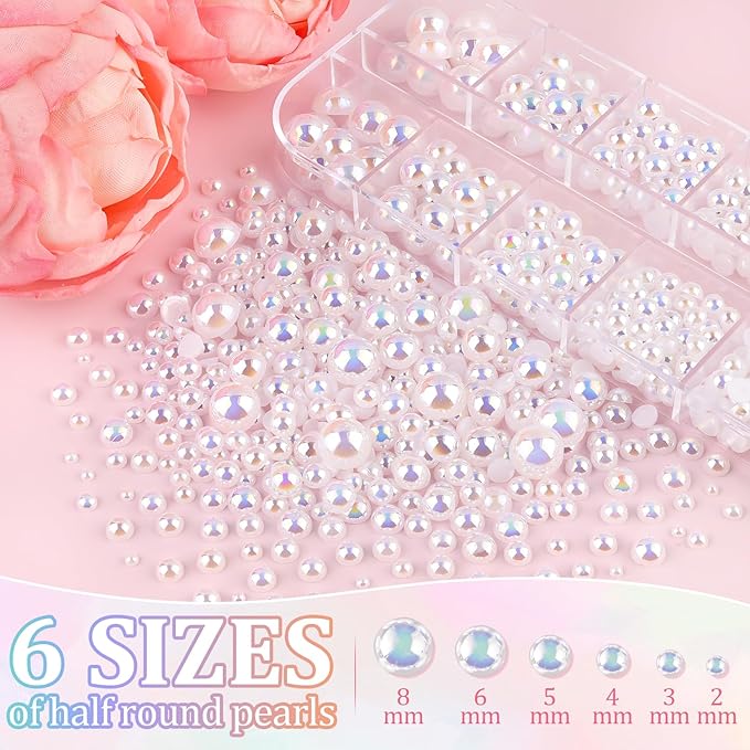 Flatback Pearls for Crafting with 3Pcs 10ml B7000 Jewelry Glue, 2 Boxes of Half Round White AB Pearls, Bedazzling Beads for DIY Crafts Clothing Tumblers Shoes Embellishment Nail Art