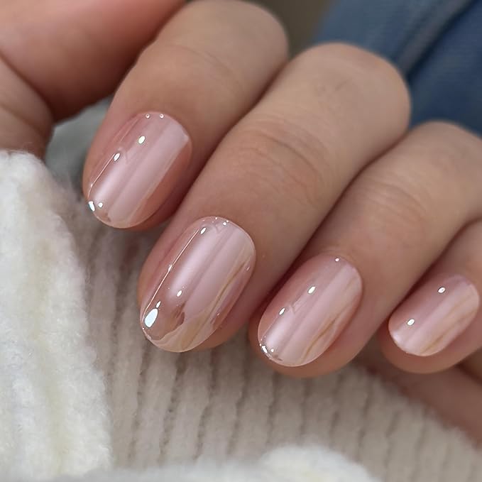 Curvlife Oval Press On Nails Short – Soft Gel Champagne Pearl Salon Quality False Nails with Glue, Long Lasting Daily Nail Tips for Women