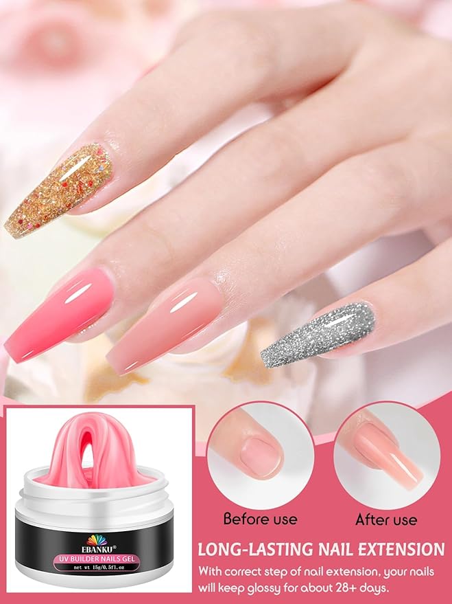 EBANKU Solid Builder Gel for Nail- 6 Colors Gold Hard Gel for Nails Extension Non-Sticky Long-Lasting Solid Gel Kit with 3D Silicone Mold for Valentine Carving Nail Art Salon Home Use