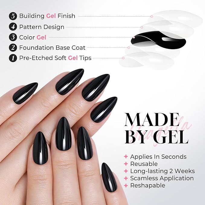 UNA GELLA 32Pcs Soft Gel Press on Nails - 16 Sizes Medium Almond Black Glue on Nails, Reusable Glossy Solid Black False Nails, Full Cover Acrylic Nail Kit for Women DIY Home Manicure