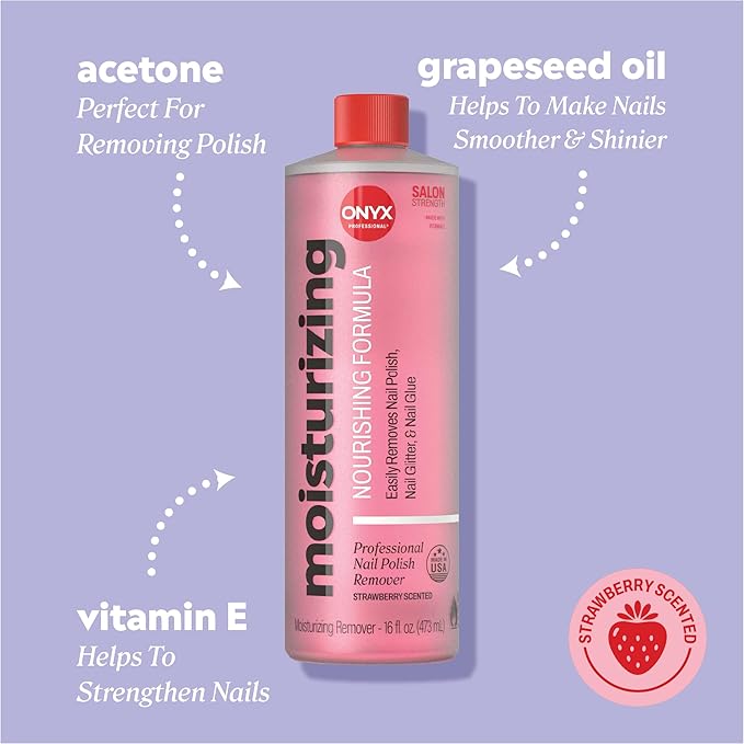 Onyx Professional Nail Polish Remover with 7 inch Nail File, Strawberry Scent, Made in USA, 16 fl oz - Moisturizing Formula, Acetone-based Gel Polish Remover, Enhanced with Vitamin E, Grape Seed Oil