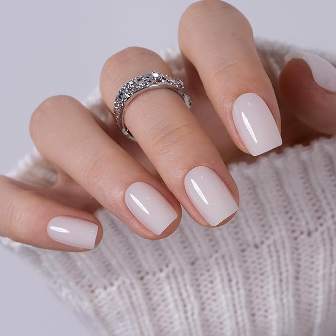 CurvLife Square Press On Nails Short – 30Pcs Clean Milky Nude Soft Gel Fake Nails, Reusable Glue On Nail Kit with Adhesive Tabs, Natural Fit & Salon-Quality for Women & Girls