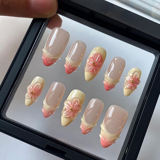 Ligth Yellow Press on Nails Medium Almond Handmade Nails with Glue,Handmade False Nails French Tip Nail Press ons 5D Flower Art Design Muti-Layer Gel Nail Luxury False Nails for Women (Size S)