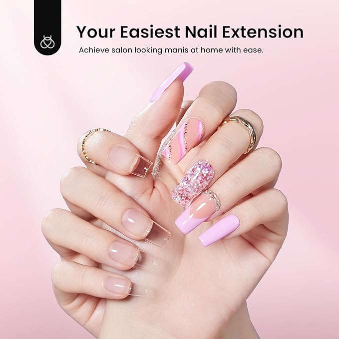 Beetles Gel Nail Kit Etch-X, Medium Square, 576pcs 12Size, with Nail Dehydrator and Primer, Solid Glue Mini Lamp, Half Matte Gel Nail Tips Acrylic Tips Easy DIY Extension Set Gift for Women