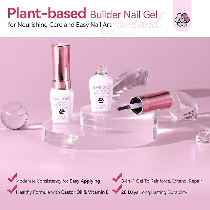 SAVILAND Builder Nail Gel: Clear Pink Gel Builder for Nail Thickening Castor Oil Vitamin E Extension Gel Strengthener Gel Builder in a Bottle LED Nail Lamp Cured Hard Gel Home Nail Care Repair