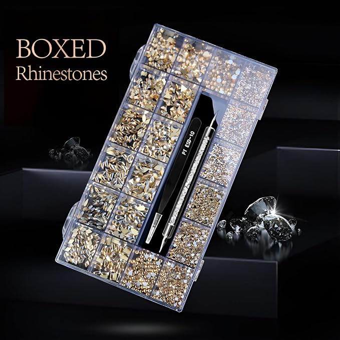 12 Types of 600 Champagne Diamonds + 2500 Flat Rhinestones Mix 20 Styles Flatback DIY Crafts Rhinestone Crystals 3D Ornament‌s Flat Back Stones Set + Tweezers + Drill Pen