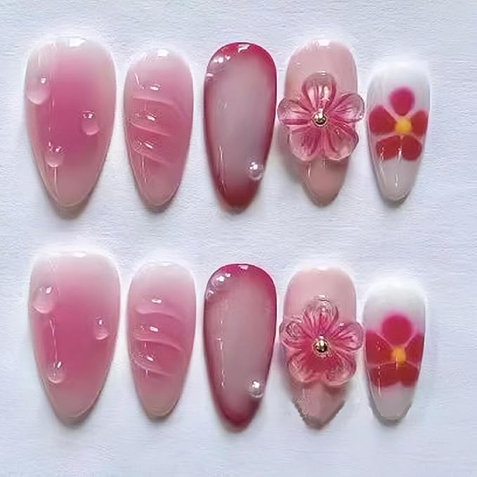 Press on Nails Medium Almond, 30 Pcs Handmade 3D Pink Flowers Embossed Designs, Glossy Nude Fake Nails, Reusable Glue On Nails, Full Cover Acrylic Nails for Women