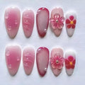 Press on Nails Medium Almond, 30 Pcs Handmade 3D Pink Flowers Embossed Designs, Glossy Nude Fake Nails, Reusable Glue On Nails, Full Cover Acrylic Nails for Women