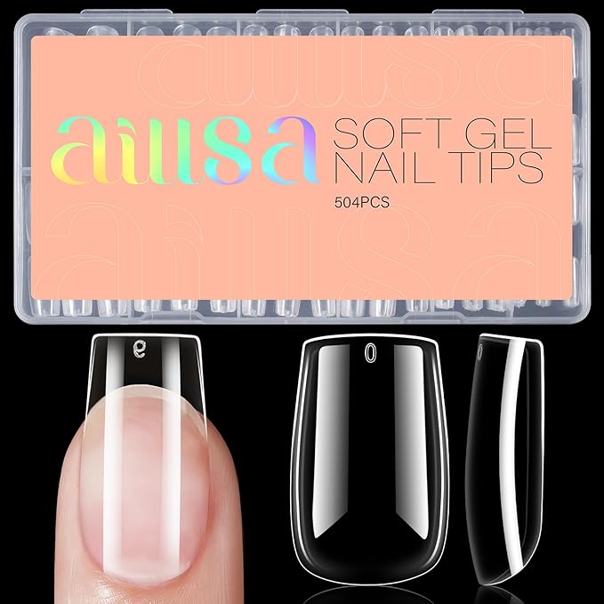 AILLSA Short Square Nail Tips - 504pcs Clear Soft Nail Tips Full Cover Gel Nails Tips Pre-shaped Acrylic for Extensions Easy for Home DIY Nail Salon 12 Sizes